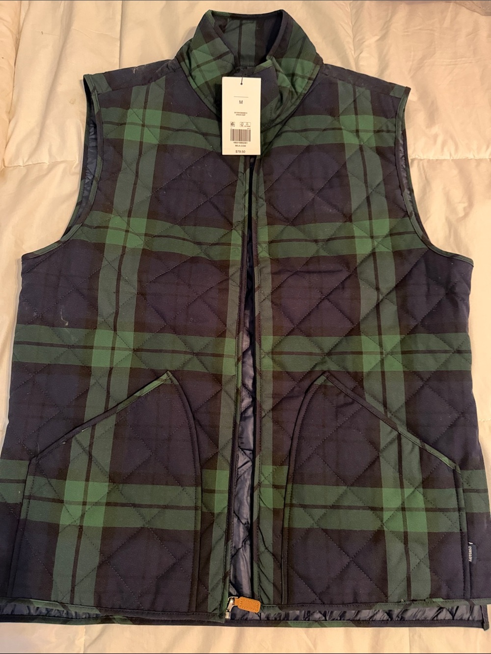 crown & ivy Navy and Green Quilted Plaid Vest